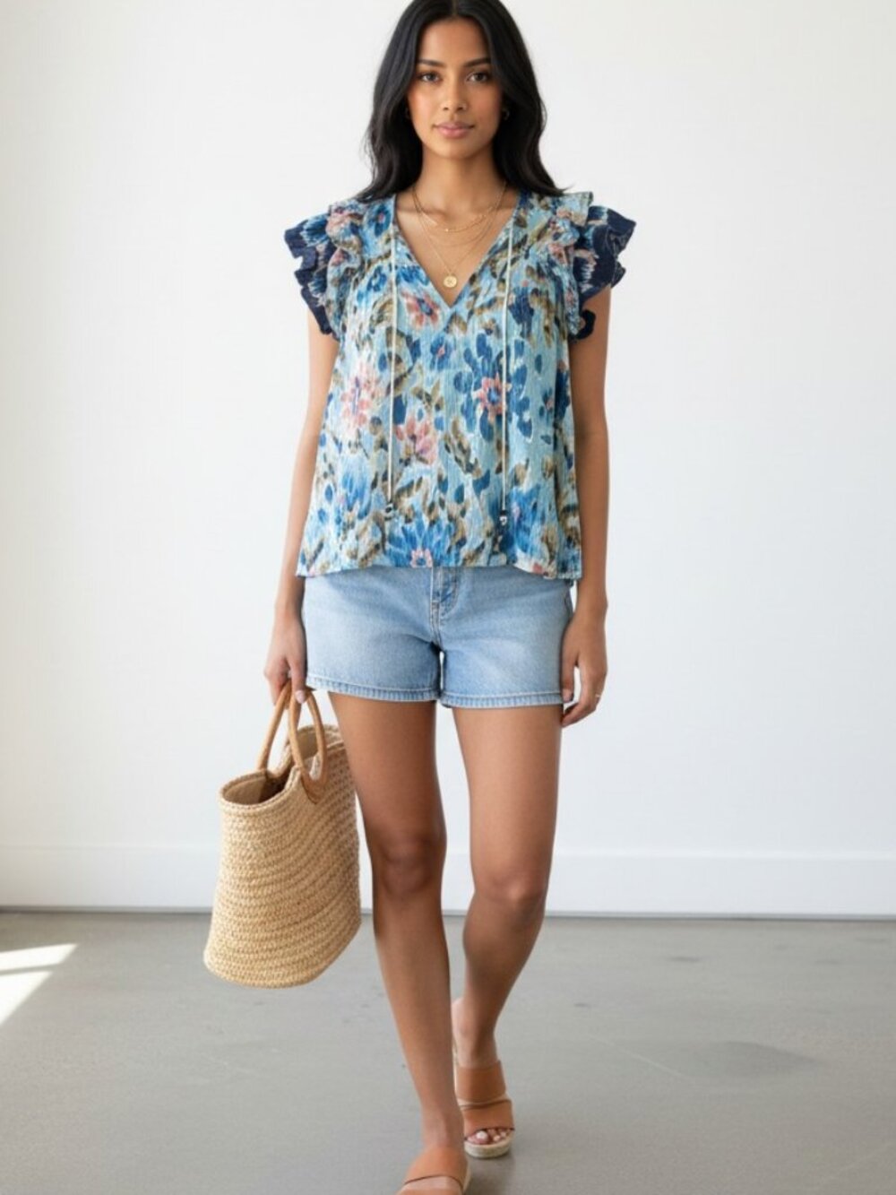 House of Harlow 1960 Blue Boho Flutter Sleeve Tassel Tie Top Medium